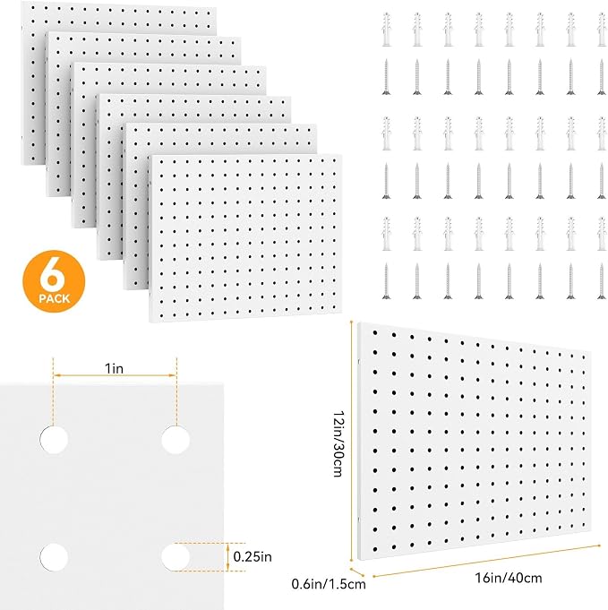 6 Pack Pegboard Panels, 16"x12" Metal Peg Board for Garage Tool Storage, White Pegboard Wall Organizer, Peg Board for Garage, Craft Room, Workbench Storage, Garage Tool Storag - Image 7