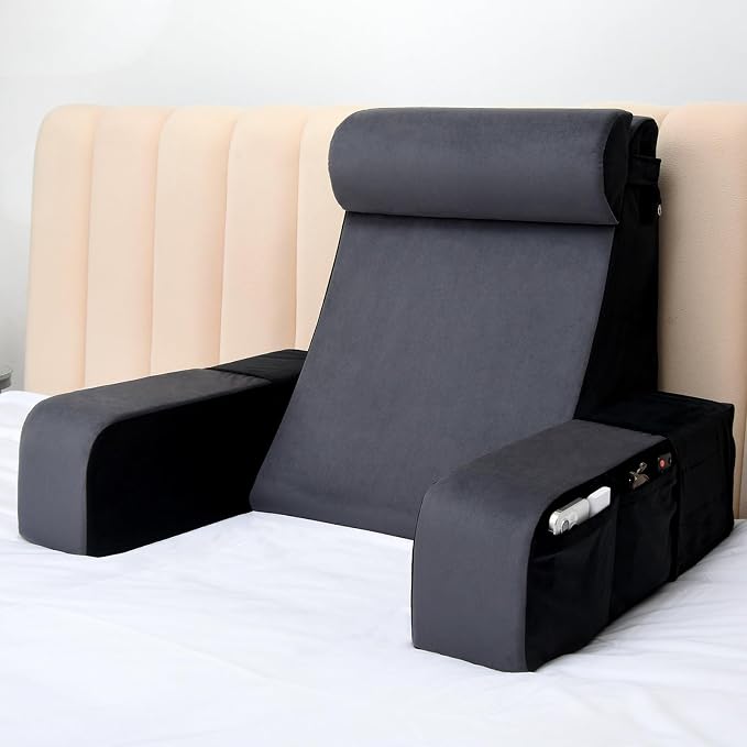 Vekkia 21" Reading Pillow for Bed with XL Side Pockets for Adult | 60° Wedge Back Support, Adjustable Arms,Washable Cover,Support for TV,Gaming,Working,Nursing,Recovery in Bed&Floor,Black/Gray by Vekkia