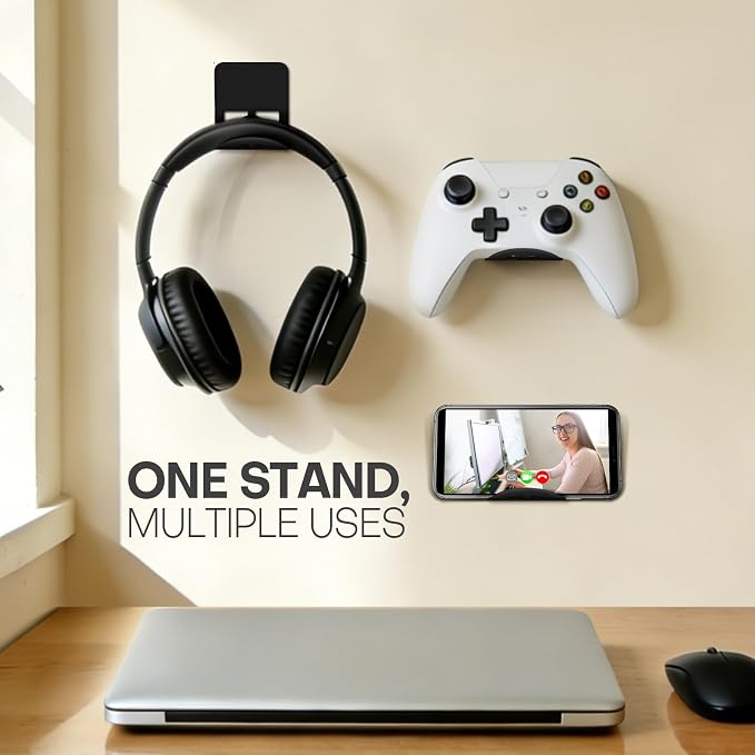 Wall Mount Headphone Stand, 2-in-1 Bendable Silicone Controller Holder, Adhesive Under Desk Hook for Gaming Office & Home, Fits All Headphones for PS5 Xbox Controllers - 1 Pack (Black/White) - Image 2