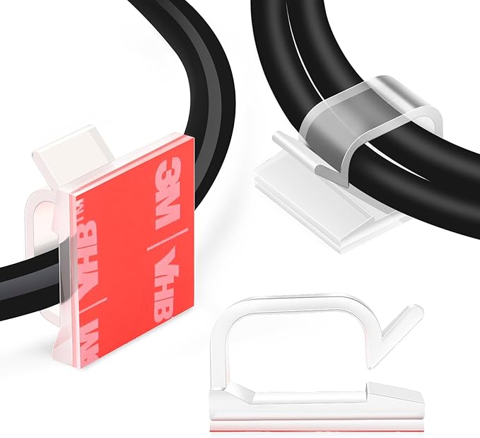 120PCS XHF Adhesive Cable Wire Clips Clear, Outdoor Christmas Light Clips, Cable Holder Staples Cable Management Wire Organizer Cord for Under Desk, Car, Wall, TV PC Ethernet Cable by XHF