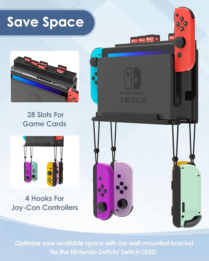 Wall Mount for Nintendo Switch and Switch OLED with 28 Game Card Holders and 4 Joy Con Hooks, Organize Switch Console Behind TV, Ideal Gift for Gamer, Black - Image 3