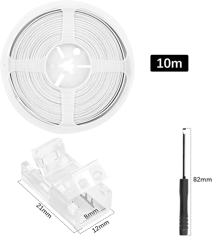RGBZONE 10pcs 2-Pin 8mm LED Strip to Wire Connectors and 10m/32.8ft 2 Pin Extension Wire for Waterproof or Non-Waterproof Single Color LED Strip Lights(IP20/IP65) - Image 2