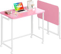 4NM 27.5" Mobile Small Rolling Computer Desk, Folding Laptop Cart Table with Wheels, Portable Office Desk for Small Space Couch Bed - Pink and White by 4NM