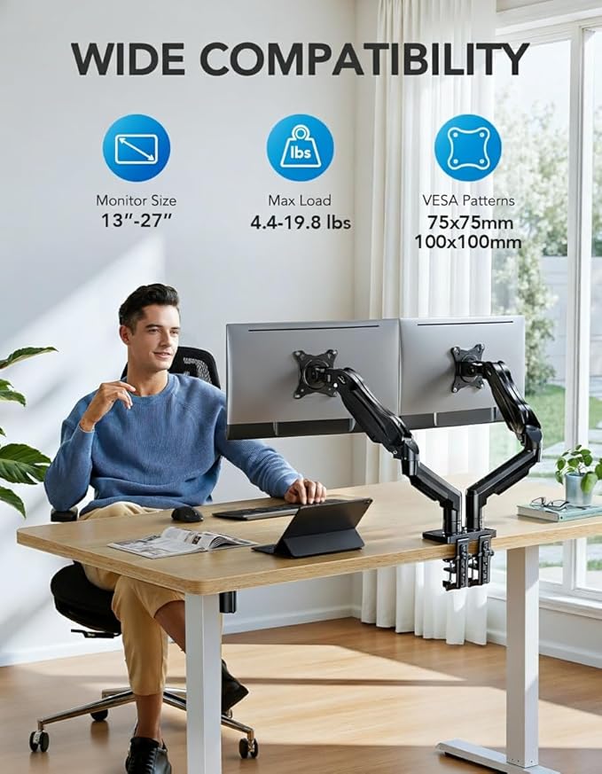 HUANUO Dual Monitor Stand, Fully Adjustable Gaming Monitor Desk Mount for 13–27″ Computer Screens, Full Motion VESA 75x75/100x100 with C-Clamp & Grommet Base, Each Arm Holds 4.4 to 19.8 lbs - Image 2