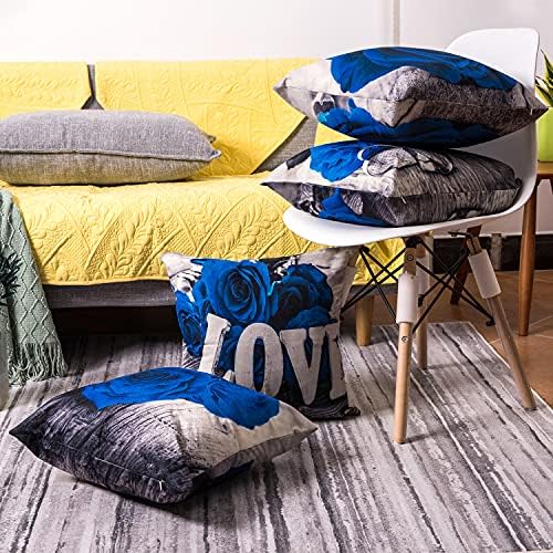 Royal Blue Throw Pillow Covers Set of 4 20 x 20" Decorative Navy Blue Rose Flower Pillow Case Square Cushion Linen Case for Bedroom Living Room Sofa Couch Indoor Outdoor Patio Car Decor Pillowcase - Image 5