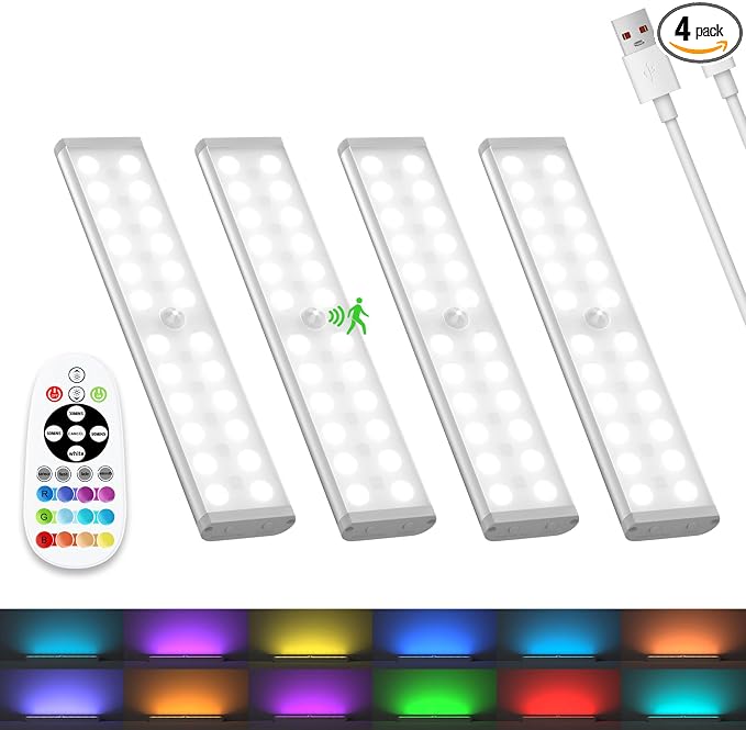 Under Cabinet Lights Wireless, 58-LED Rechargeable Motion Sensor Closet Lights with Remote Control, RGB Color Changing Under Counter Lights for Kitchen, Pantry, Bedroom, Stairs, 4 Pack by Haigvel