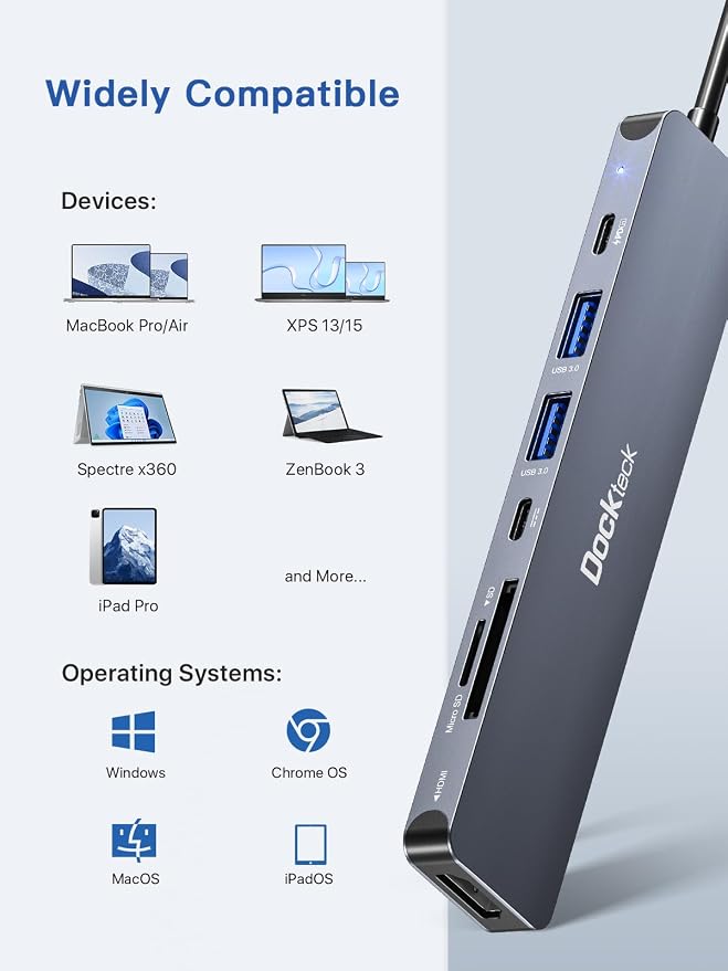 USB C Hub, dockteck 7 in 1 Multiport USB C Adapter with 4K HDMI, 100W PD, 5 Gbps USB-C, 2 USB-A Data Ports, SD/TF Card Reader for MacBook Pro/Air, iPad Pro, Surface Pro, Steam Deck, XPS, HP - Image 6