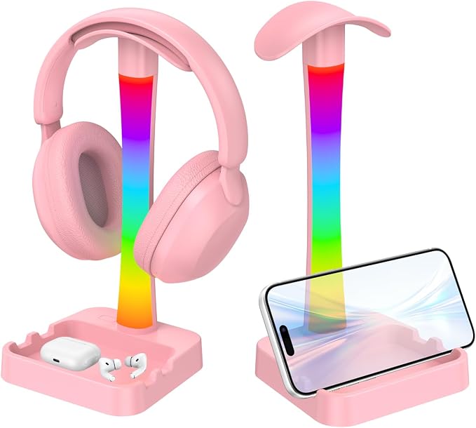 Headphone Stand with Charger,Gaming Headset stand with RGB Light Mode,For Airpod Max Stand,Desk Lamp,Phone Holder,Tablet Holder,desktop organizer,Gifts for Gamers & Music Lover (Pink) by Unknown