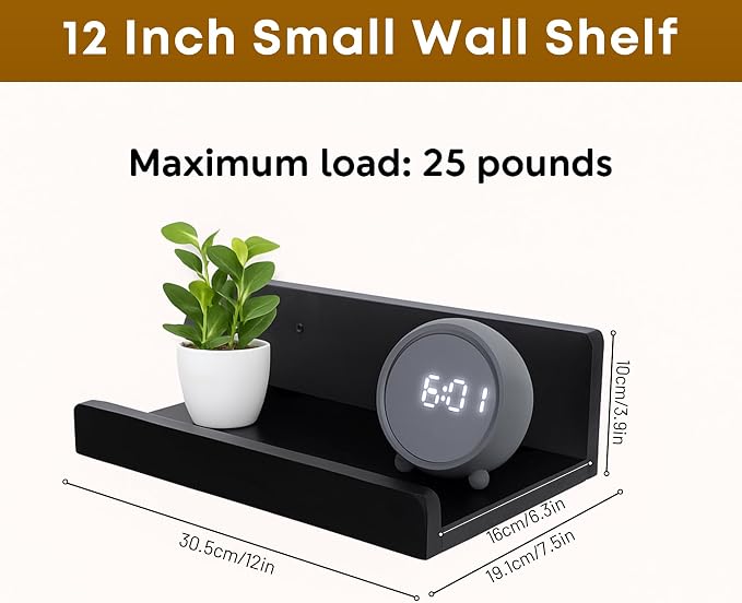 Floating Wall Shelves Set of 2, 12-Inch Solid Wood Shelves with Cable Holes, Small Display Shelf for Router, Webcam, Smart Speaker, Camera – Black - Image 3