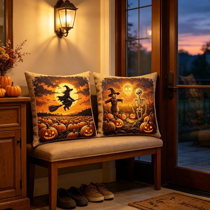 Halloween Throw Pillow Covers, Linen, 18x18 Inch, Set of 2, Witch and Skeleton Pumpkin Design, Machine Washable - Image 5