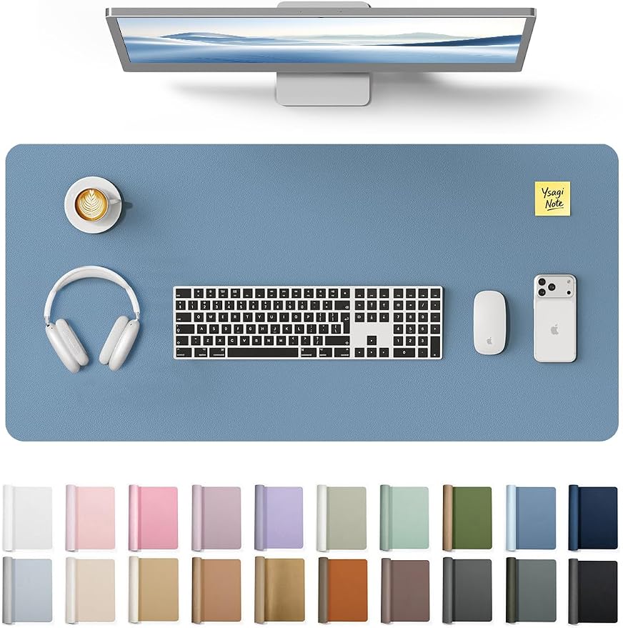YSAGi Leather Desk Protector, Office Mat, Large Mouse Mat, Non-Slip PU Leather Blotter, Laptop Desk Pad, Waterproof Writing Pad for Office and Home (Blue, 35.4" x 17") by YSAGi