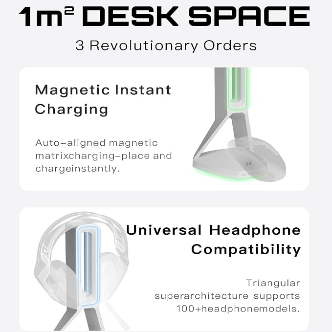 RGB Gaming Headset Stand， for Logitech G502/G502X Lightspeed Wireless Mouse Charging Dock, Compatible with DeathAdder v2 pro Mouse, Desktop Gamer's Accessories（Headset and Mouse not Included） (White) - Image 3