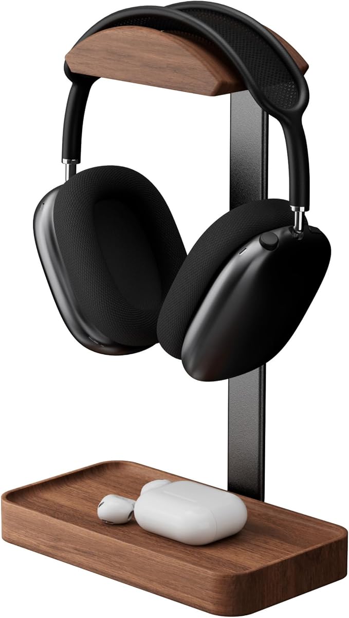 muso wood Walnut Headphone Stand, Wood Headset Stand with Storage Base | Desk Holder for Gaming & Office, Compatible with AirPods Max, Bose, Razer Headsets by Musowood