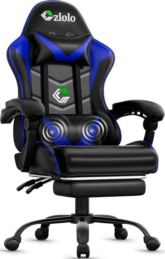 Czlolo Gaming Chair with Footrest Racing Style Lumbar Support Massager Video Game Chair with Metal Legs, High Back Reclining Gamer Chair with Headrest, 360° Swivel Office Computer Desk Chair (Blue) by GamersChoice