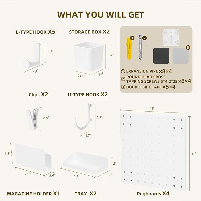 VUSIGN Peg Board Combination Kit 22"x22" Pegboards, White | Pegboards and Accessories, Two Installation Modes, Pegboard Organizer Kit 4 Panels & Accessories for Wall - Image 5