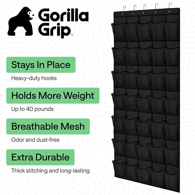 GORILLA GRIP Over the Door Shoe Organizer, 35 Large Pockets, Black - Image 2