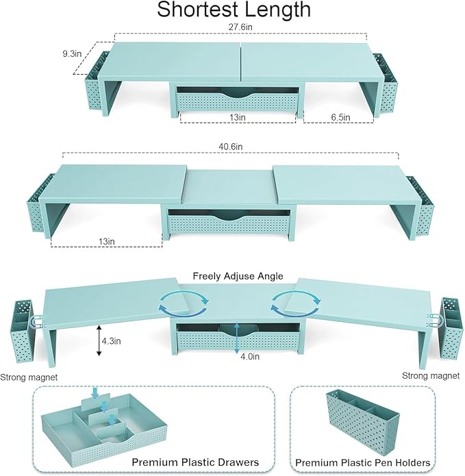 gianotter Dual Monitor Stand Riser With Drawer and 2 Pen Holders | Computer Monitor Stand Desk Organizer and Accessories Desk Shelf for Top of Desk (Blue) - Image 4