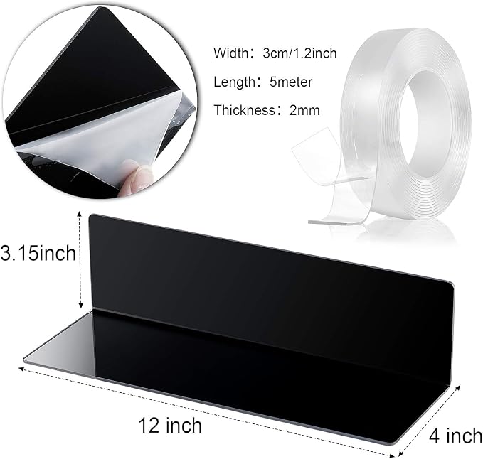 Jetec 8 Pieces Acrylic Floating Shelves, 12 Inch Acrylic Wall Mounted Hanging Shelf Bookshelf with 5 Meters Nano Double Sided Tape for Bedroom, Gaming Room, Living Room, Bathroom, Office(Black) - Image 3