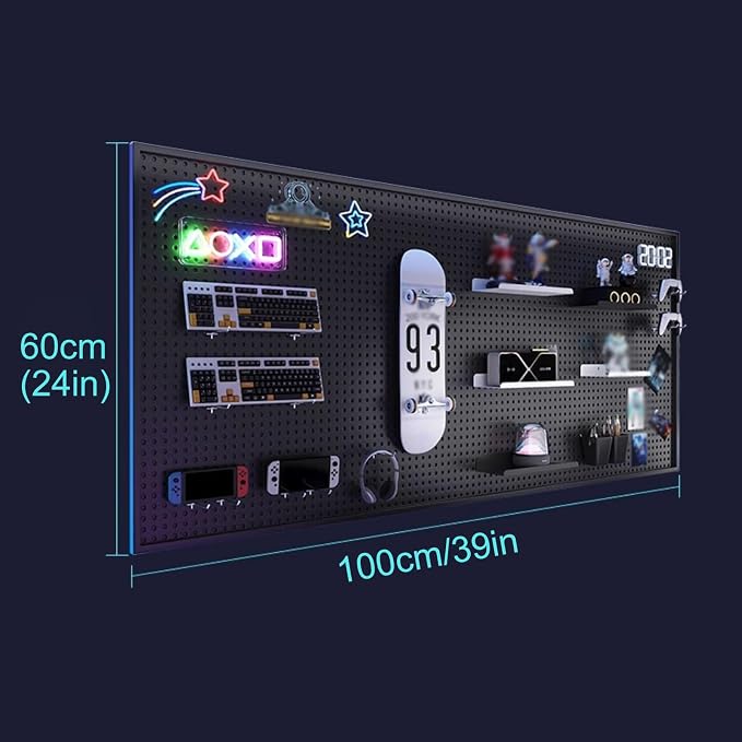 Desk Pegboard Metal Gaming Pegboard Black Peg Board Organizer with 20 Pcs Hooks for Office, Garage Tools, Kitchen, Craft(100x60cm/39x24in) - Image 2