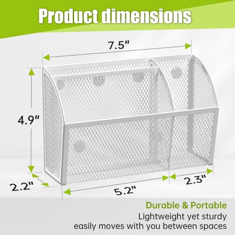 YINGHUA 3 Compartment Magnetic Metal Mesh Pen Holder, White Desk Caddy - Image 2