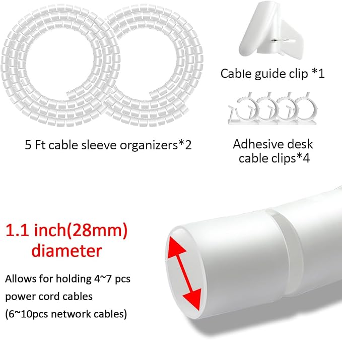 Large Cable Management White Computer Wire Sleeve Organizer Coiled Under Desk Tubes 2 PCS, 1.1 inch -5 ft EZ Spiral Cable Bundler Cover for TV Office, Pet Chew and Bite Proof Cable Protector - Image 2