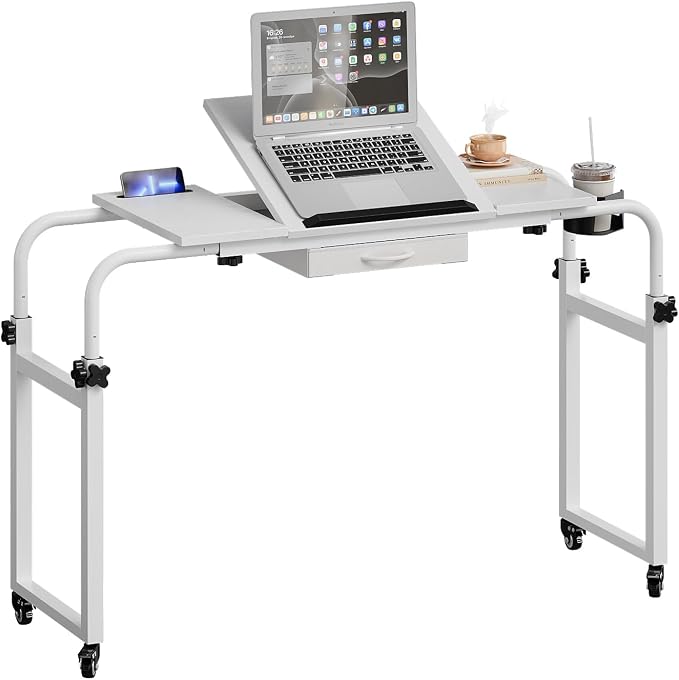 GiftGo Overbed Table with Wheels Rolling Laptop Desk Cart Table Height and Length Adjustable for Hospital and Home Use Over The Bed Table with Storage Drawer and Cup Holder (White, 31.5 to 47) - Image 8