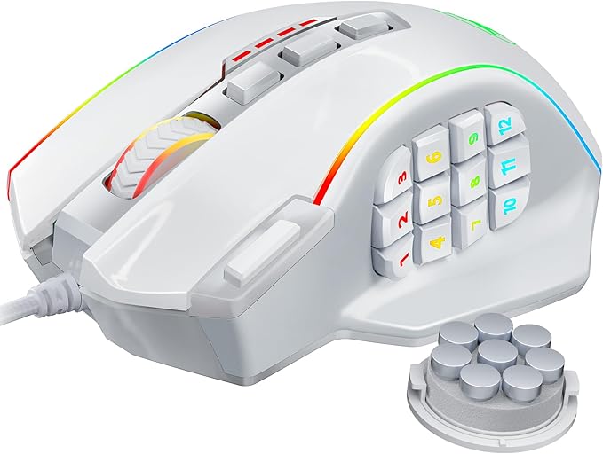 Redragon Gaming Mouse, MMO Gaming Mouse UP 12400 DPI, 19 Macro Programmable Buttons, RGB Mouse with 12 Side Buttons, 8 * 2.4g Weight Tuning for PC Laptop MOBA FPS, White by REDRAGON