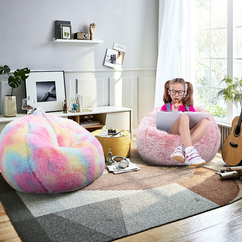 Fluffy Bean Bag Chair for Kids, 2.5FT Round Memory Foam Filled Bean Bag for Teens & Kids, Ultra Soft Faux Fur Fabric Bean Bag Chairs for Playroom, Living Room, Bedroom,Pink - Image 2