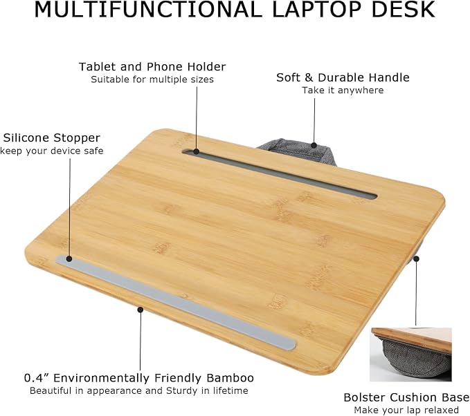 SUMISKY Portable Laptop Desk with Cushion and Phone Holder Bamboo Laptop Stand for Sofa Fits Up to 14 Inches - Image 4