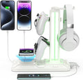 KDD RGB Headphone & Controller Stand with Wireless Charging - Rotatable Headset Stand with 9 Light Modes - Controller Holder with 2 USB and Type C Ports - for Gamers Desktop Accessories(White) by KDD