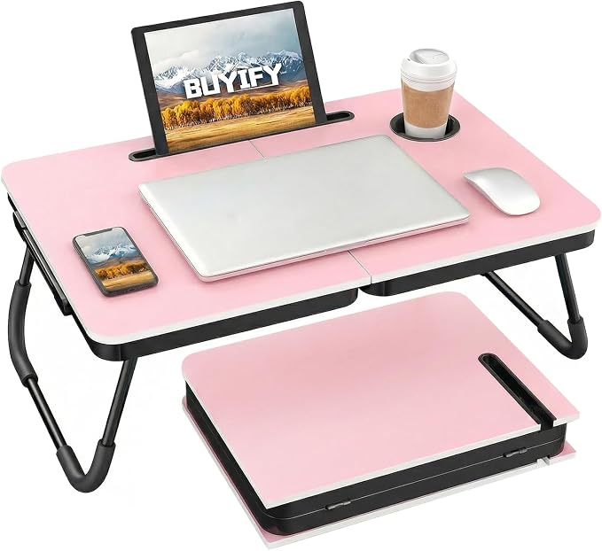 BUYIFY 23.4" Foldable Lap Desk Bed Table with Cup Holder Portable Tray by BUYIFY
