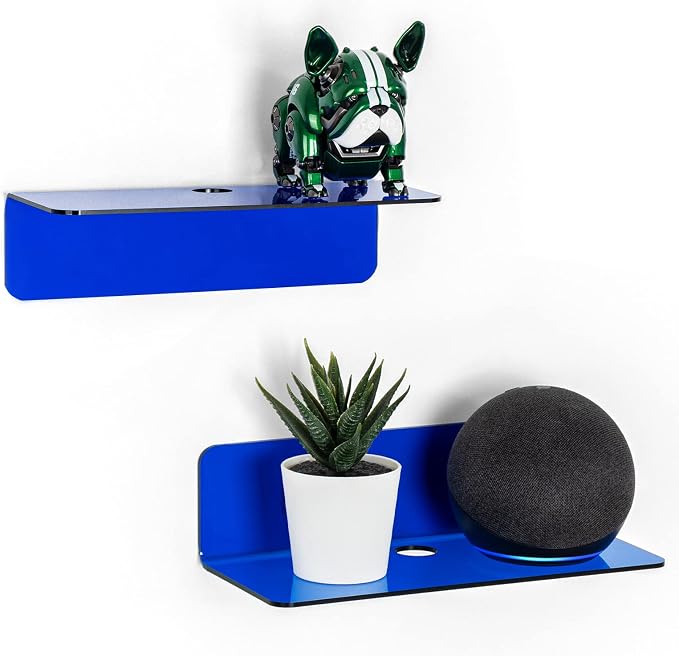 OAPRIRE Small Floating Wall Shelves Set of 2 - Personalize&Easily Expand Wall Space - 9 Inch Acrylic Wall Shelf for Bedroom, Gaming Room, Living Room, Bathroom, Office, with Cable Clips - Clear Blue by OAPRIRE