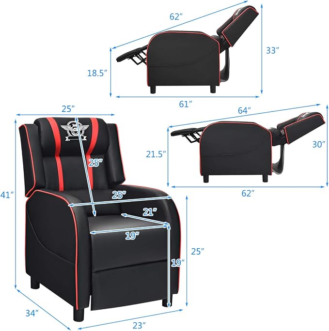 Giantex Gaming Recliner Chair, Adjustable Massage Gaming Chairs for Adults, Ergonomic Comfortable Lounge Leather Sofa w/Footrest, Remote Control & Side Pocket, Racing Style Single Sofa Recliners, Red - Image 3