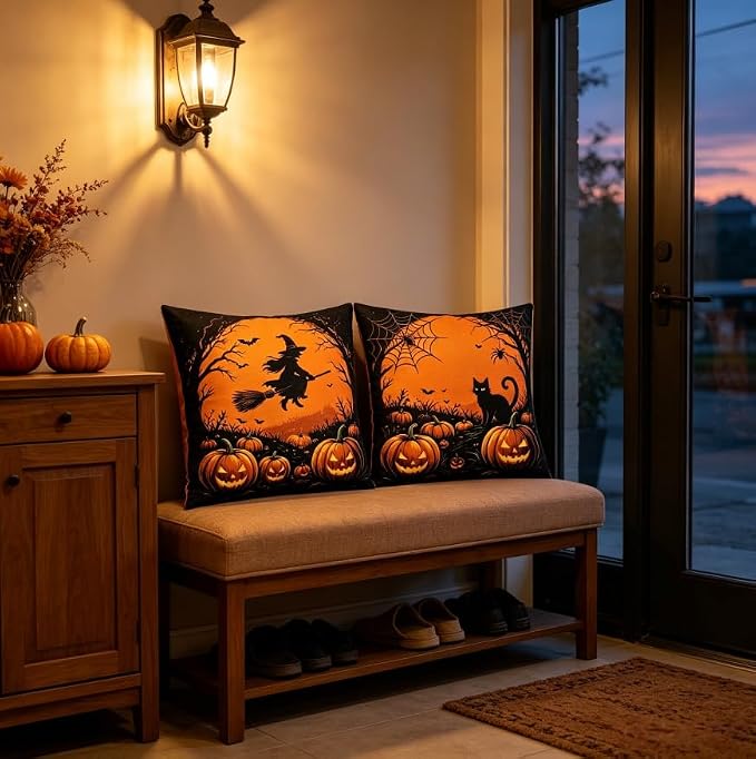 Halloween Throw Pillow Covers, Witch and Black Cat Design, Linen, 18x18 Inch, Set of 2, Invisible Zipper, Indoor Living Room Decor - Image 5