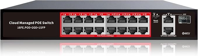PoE Switch, 16 Port Managed POE+ Ethernet Switch(16 POE+ Ports+2 Gigabit Uplink,1 x 1.25G SFP), 240W Built-in Power, Support VLAN, QoS, Fanless Metal, Plug & Play(Wall Mount/Rack Mount) by STEAMEMO