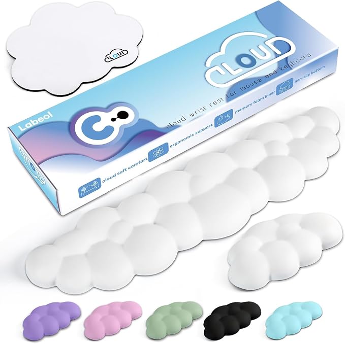 Cloud Wrist Rest for Computer Keyboard Arm Wrist Rest with Non-Slip Base Extended Wrist Rest Ergonomic Memory Foam for Keyboard and Mouse Typing Pain Relief, Office, Gaming, Computer (cloud white set) by Labeol