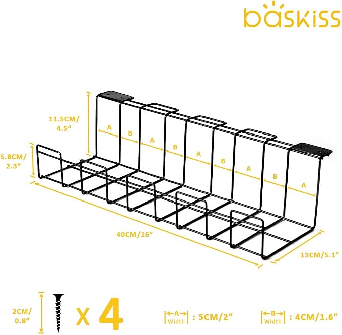 2 Packs Cable Management Tray, 16" Under Desk Organizer for Wire Organization, Metal Holder for Desktop Computer Home Office Kitchen Workstation to Cover and Hide Power Strips (Black) - Image 4