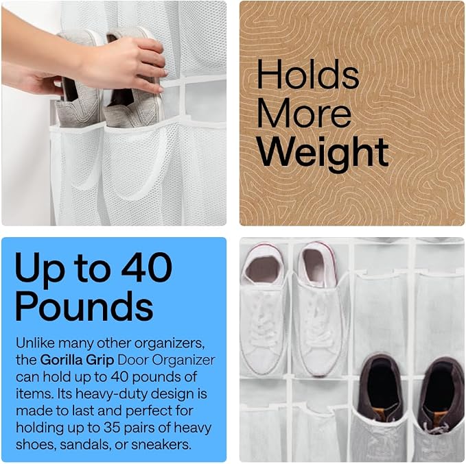GORILLA GRIP Over the Door Shoe Organizer, 35 Large Pockets, White - Image 3