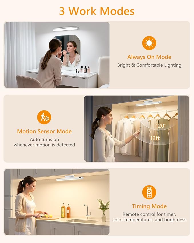 WILLED 5W Motion Sensor Magnetic Light Bar with Remote, Eye-Care Under Cabinet Lighting with Battery Level Display, Vanity Lights for Mirror, Stick on Lights for Cabinet, Closet, Desk and Bathroom - Image 3