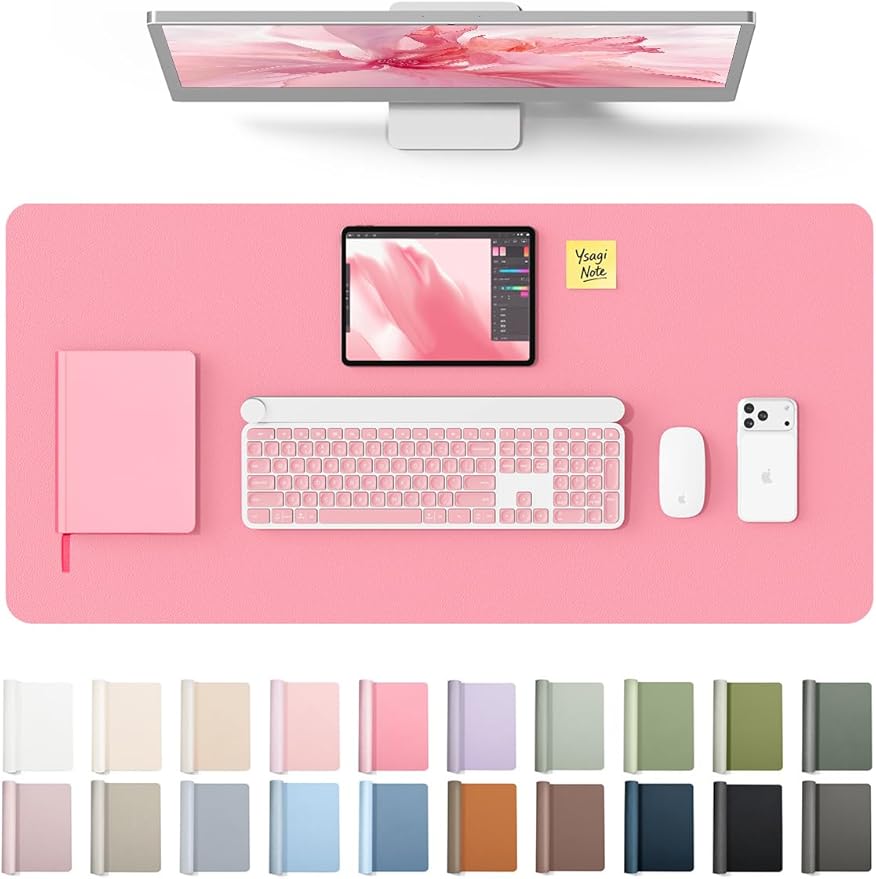 YSAGi Leather Desk Protector, Office Mat, Large Mouse Mat, Non-Slip PU Leather Blotter, Laptop Desk, Waterproof Writing Pad for Office and Home (Pink, 31.5" x 15.8") by YSAGi