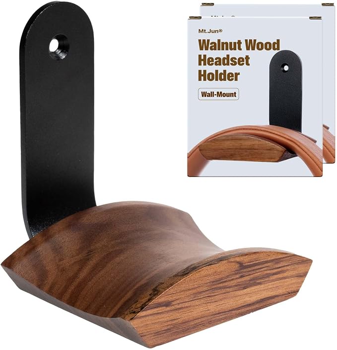 Walnut Wood Headphone Wall Mount, Wide Curved Headband Support (2 Pack) | Elegant Headphone Display, Protects Headbands from Creases, Aluminum Bracket, Adhesive or Screw Mount, Fits Gaming Headsets by MtJun