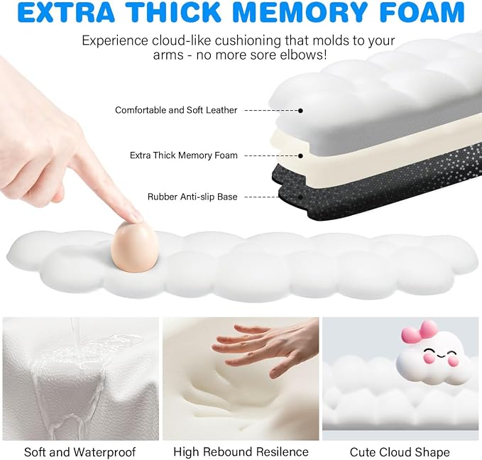 JIKIOU L-Shaped Desk Elbow Pad for Desk,Memory Foam Elbow Support Pad 2Pack | Massage Design, Cute Cloud Shape, Waterproof Leather Surface, Non-slip Rubber Base, Ergonomic Cushion for Pain Relief, White - Image 4