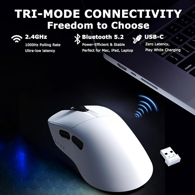 AJ179 V2 Wireless Gaming Mouse, Tri-Mode 2.4G/Bluetooth/Wired, 800mAh Battery Inside a 61g Ultra-Light Shell, 24000 DPI, 6 Programmable Buttons, Right-Handed Ergonomic, On-Board Memory – White - Image 4