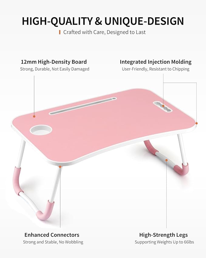 FISYOD Foldable Laptop Table, Portable Lap Desk Bed Table Tray, Laptop Stand with Cup Holder & Tablet Slot & Lifting Handle for Working Writing Drawing & Eating (Light Pink) - Image 6
