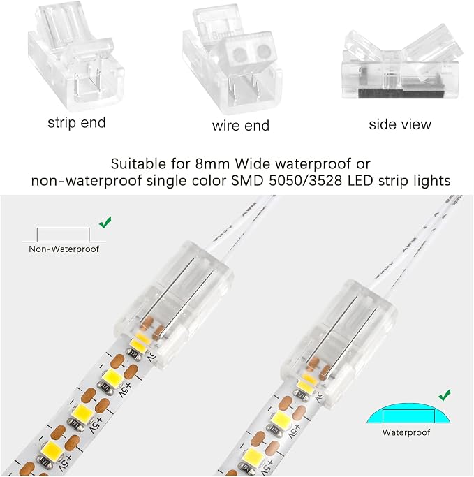 RGBZONE 10pcs 2-Pin 8mm LED Strip to Wire Connectors and 10m/32.8ft 2 Pin Extension Wire for Waterproof or Non-Waterproof Single Color LED Strip Lights(IP20/IP65) - Image 4