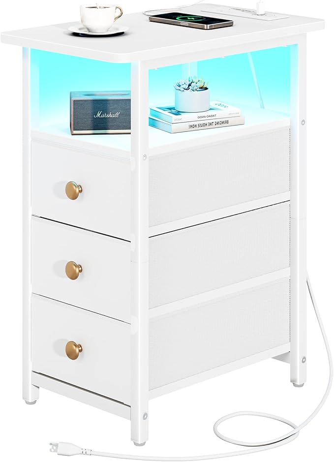 Yoobure End Table with Charging Station, LED Narrow Side Table Bedside Table, Small Night Stand End Tables Living Room, Skinny Nightstand with 3 Fabric Drawers, Side Tables Bedroom for Small Spaces by Yoobure