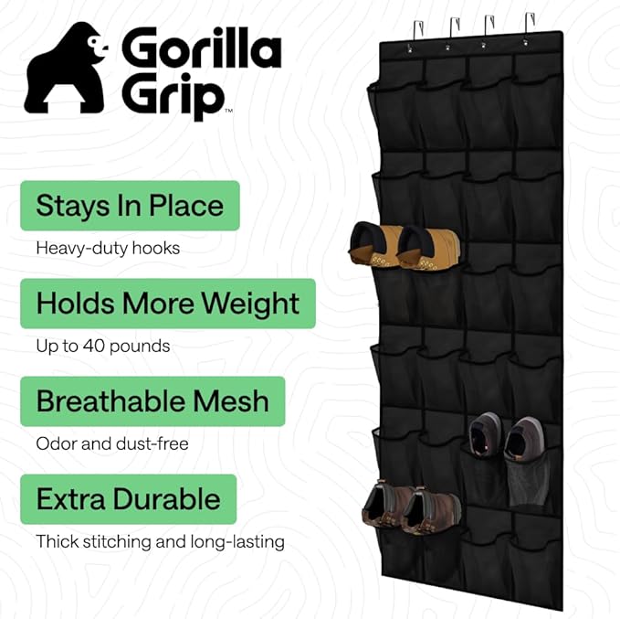 GORILLA GRIP Over the Door Shoe Organizer, 24 Extra Large Pockets, Black - Image 2