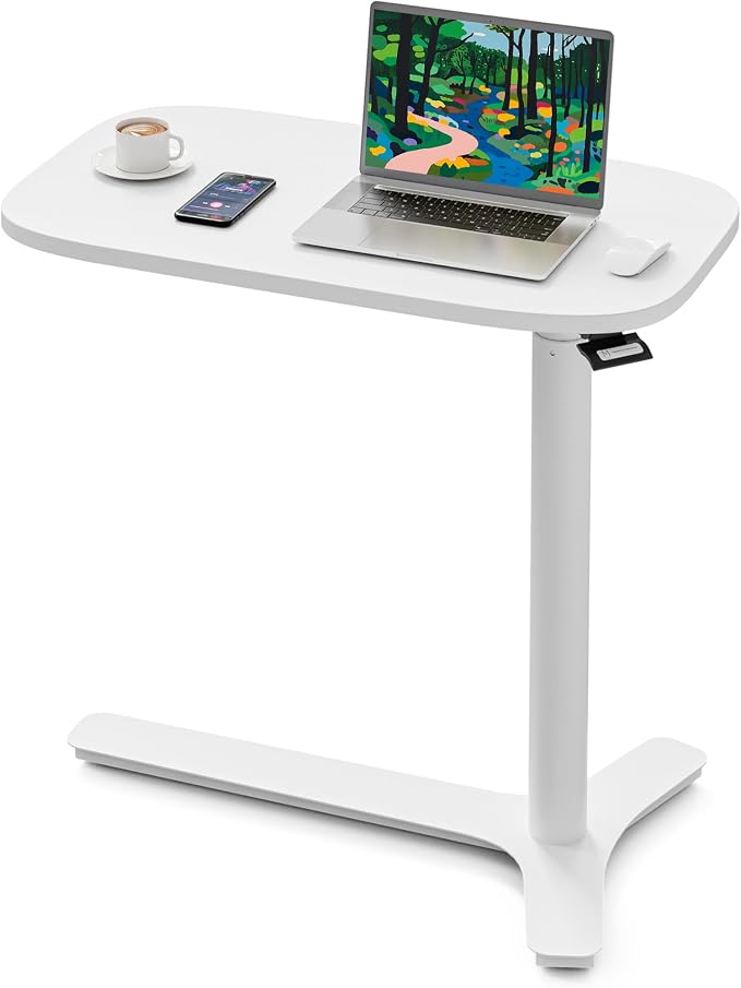 Muvai Overbed Bedside Table with Hidden Casters,30 Inches Adjustable Height Pneumatic Mobile Laptop Standing Desk, Rolling Computer Table for Home & Hospital Use ，White 30" W x 17.7" D by Unknown