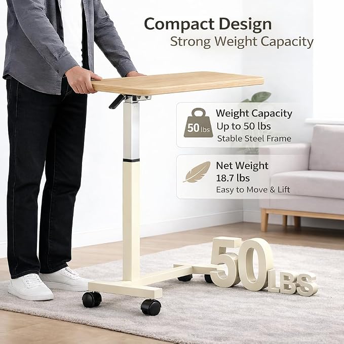 Adjustable Overbed Table with Wheels, Pneumatic Height Lift Rolling Bedside Table, Standing Desk for Home & Office Use, Ideal for Seniors & Limited Mobility(Walnut White) - Image 3