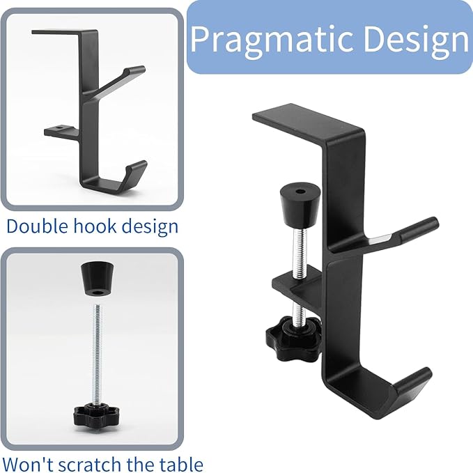YUANQIAN Clamp-On Under Desk Headphone Holder Backpack Hook Students' Desk Hook with Adjustable Arm Clamp Women's Bag Handbag and Purse Holder -Suitable for Plate Between 1-5cm (3Pack Black, 3) - Image 5